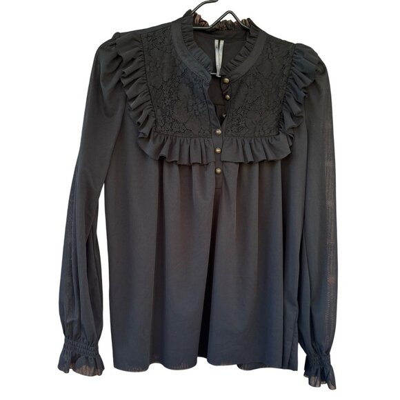 Anthropologie Black Lace & Ruffle Long Sleeve Blouse Size Small - Picture 1 of 9